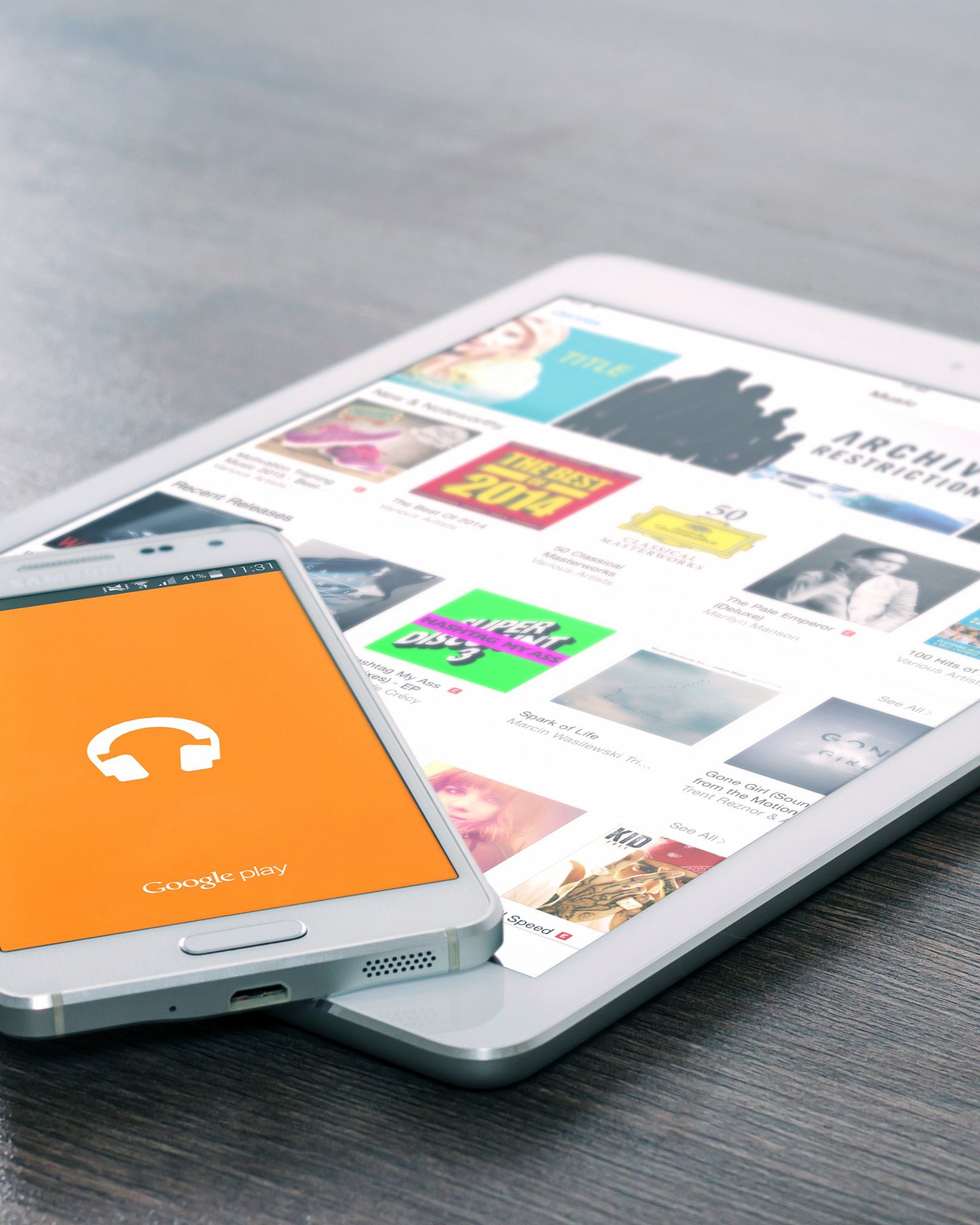 A smartphone and tablet